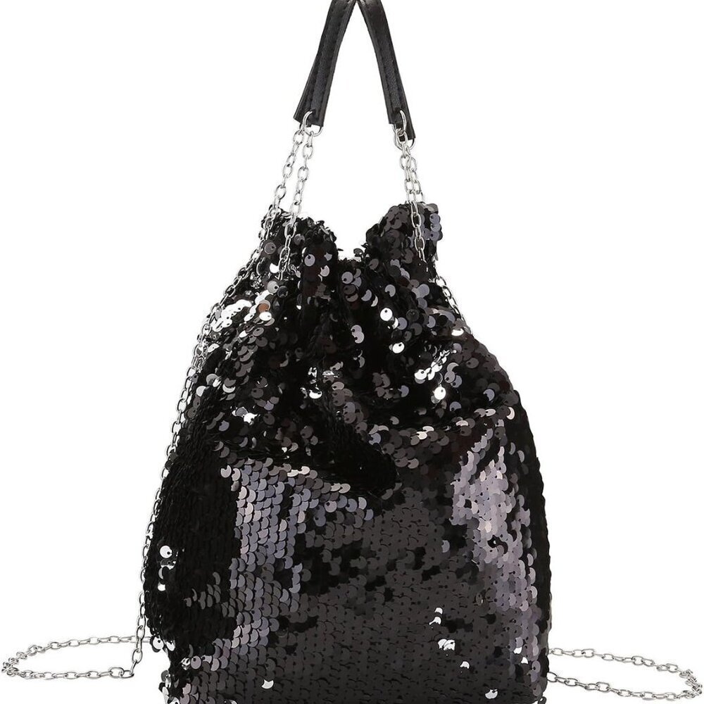 Women Drawstring Sequin PU Leather Tote Crossbody Clutch Bag for Party